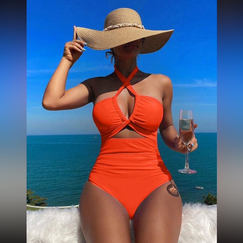 Vibrant Orange Halter Swimsuit XL